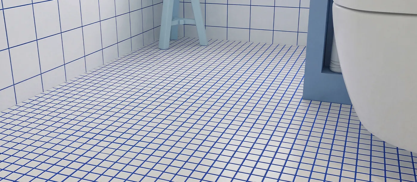 Suelo y paredes de baño en mosaico cerámico blanco con junta azul