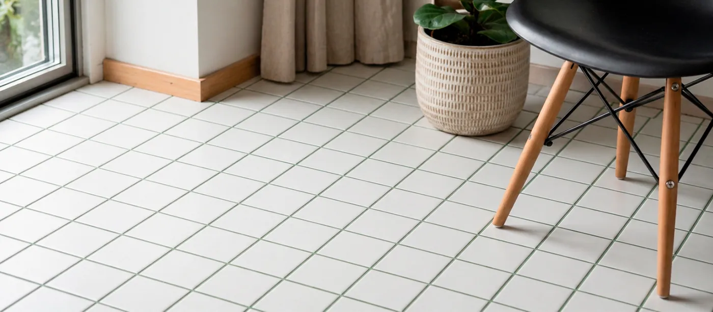 Suelo interior de porcelánico blanco con junta gris