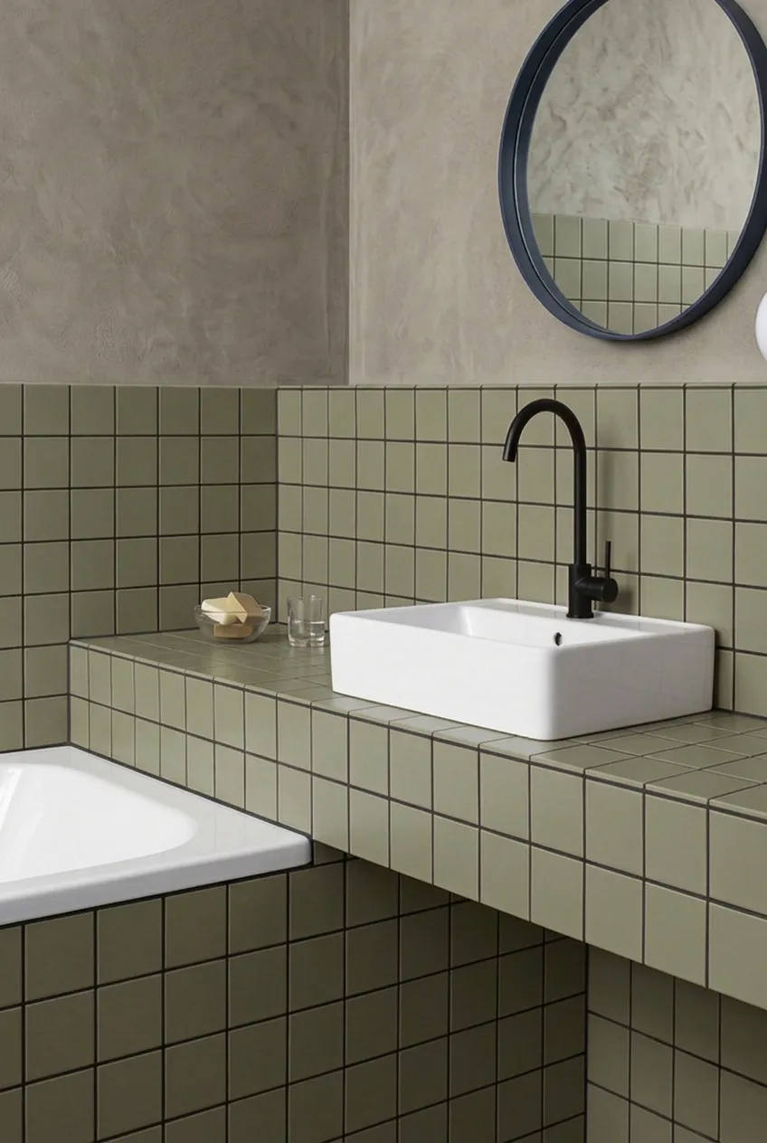 Azulejo 10×10 Full Body porcelánico de suelo para baño en verde — inspiración de Petit Ceramic