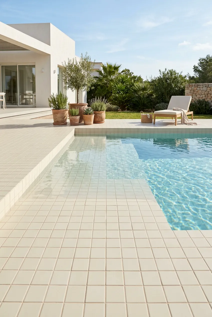 Azulejo 10×10 Full Body porcelánico para piscina en crema — inspiración de Petit Ceramic