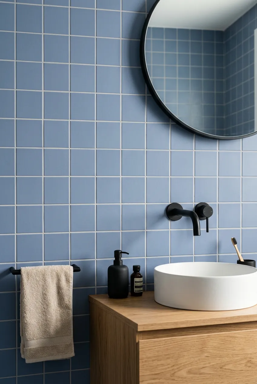 Azulejo 10×10 liso de pared para baño con acabado mate en azul — inspiración de Petit Ceramic