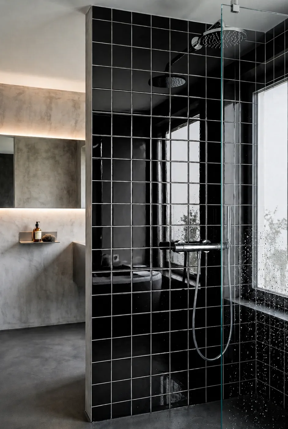 Azulejo 10×10 liso de pared para baño con acabado brillo en negro — inspiración de Petit Ceramic