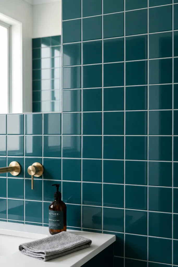 Azulejo 10×10 liso de pared para baño en turquesa — inspiración de Petit Ceramic
