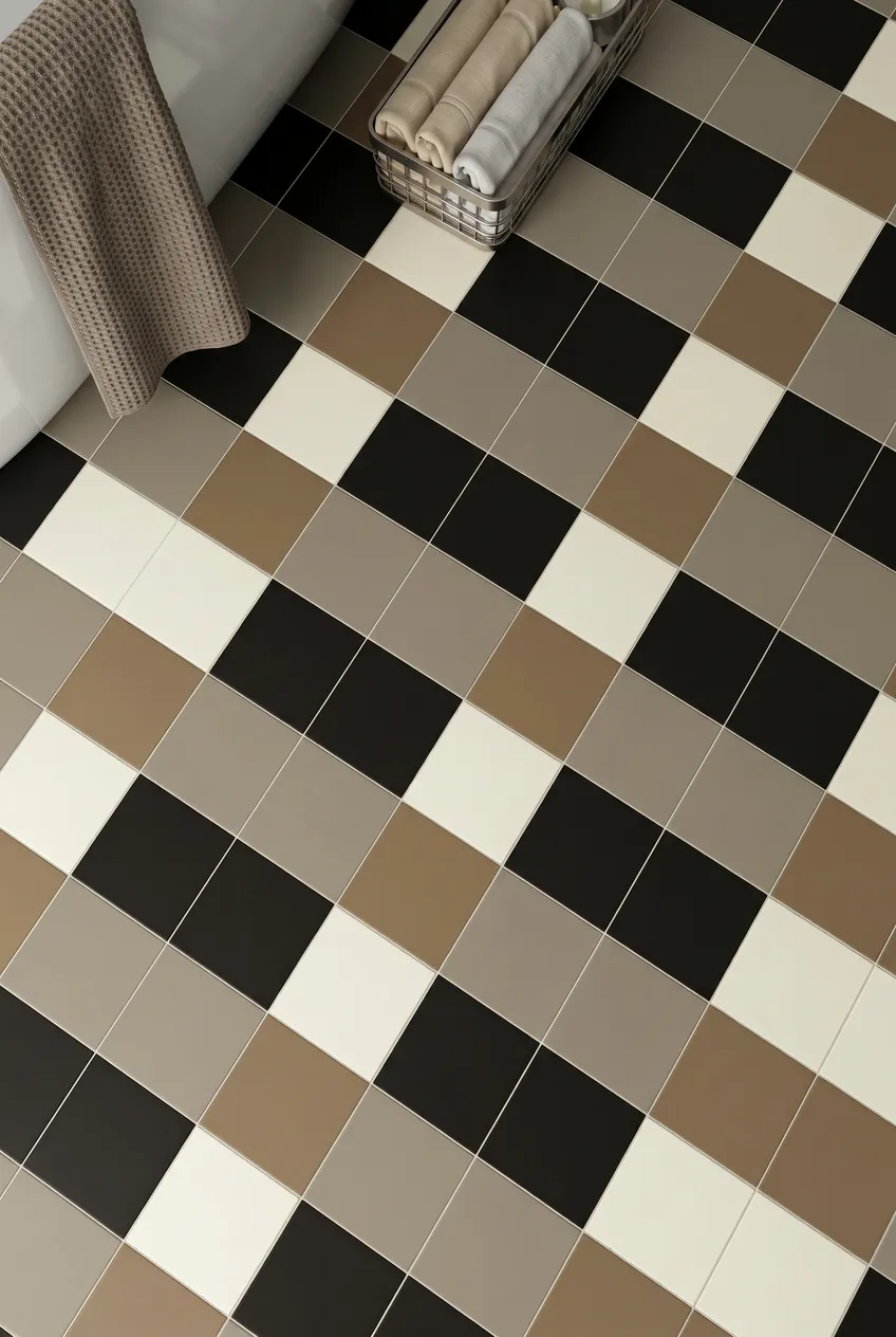 Baldosa 10×10 Full Body porcelánico de suelo para baño en marrón y negro — inspiración de Petit Ceramic
