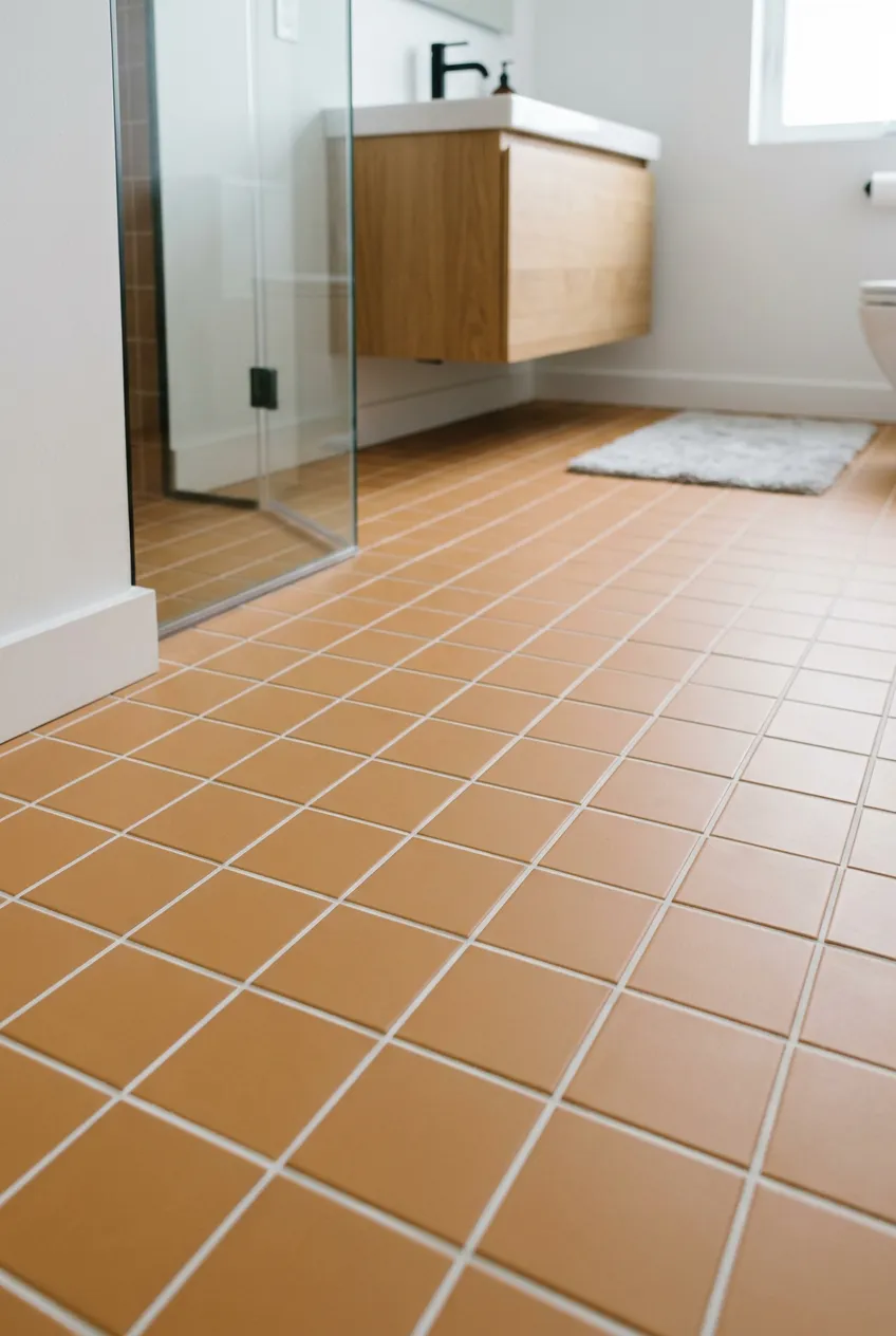 Baldosa 10×10 Full Body porcelánico de suelo para baño en naranja — inspiración de Petit Ceramic