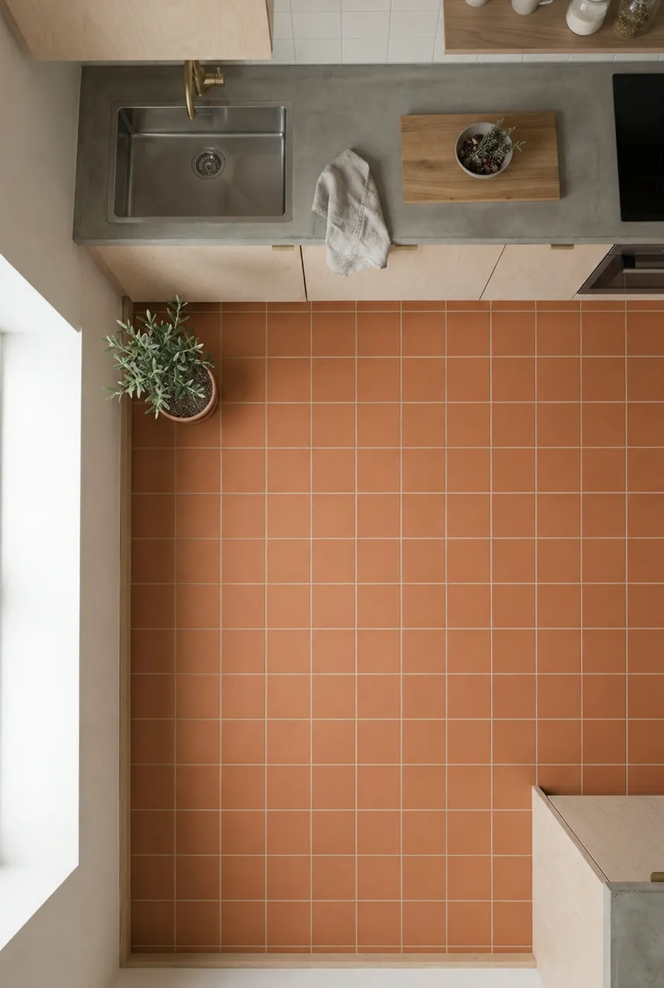 Baldosa 10×10 Full Body porcelánico de suelo para cocina en naranja — inspiración de Petit Ceramic