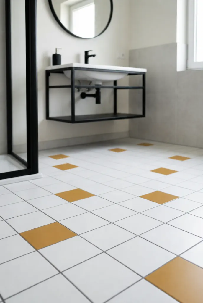 Baldosa 10×10 liso de suelo para baño con acabado mate en blanco y naranja — inspiración de Petit Ceramic