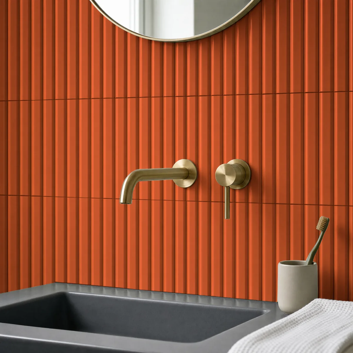 Ambiente alicatado con Azulejo 11x20 Ada Diamante Brillo Color Naranja Oscuro