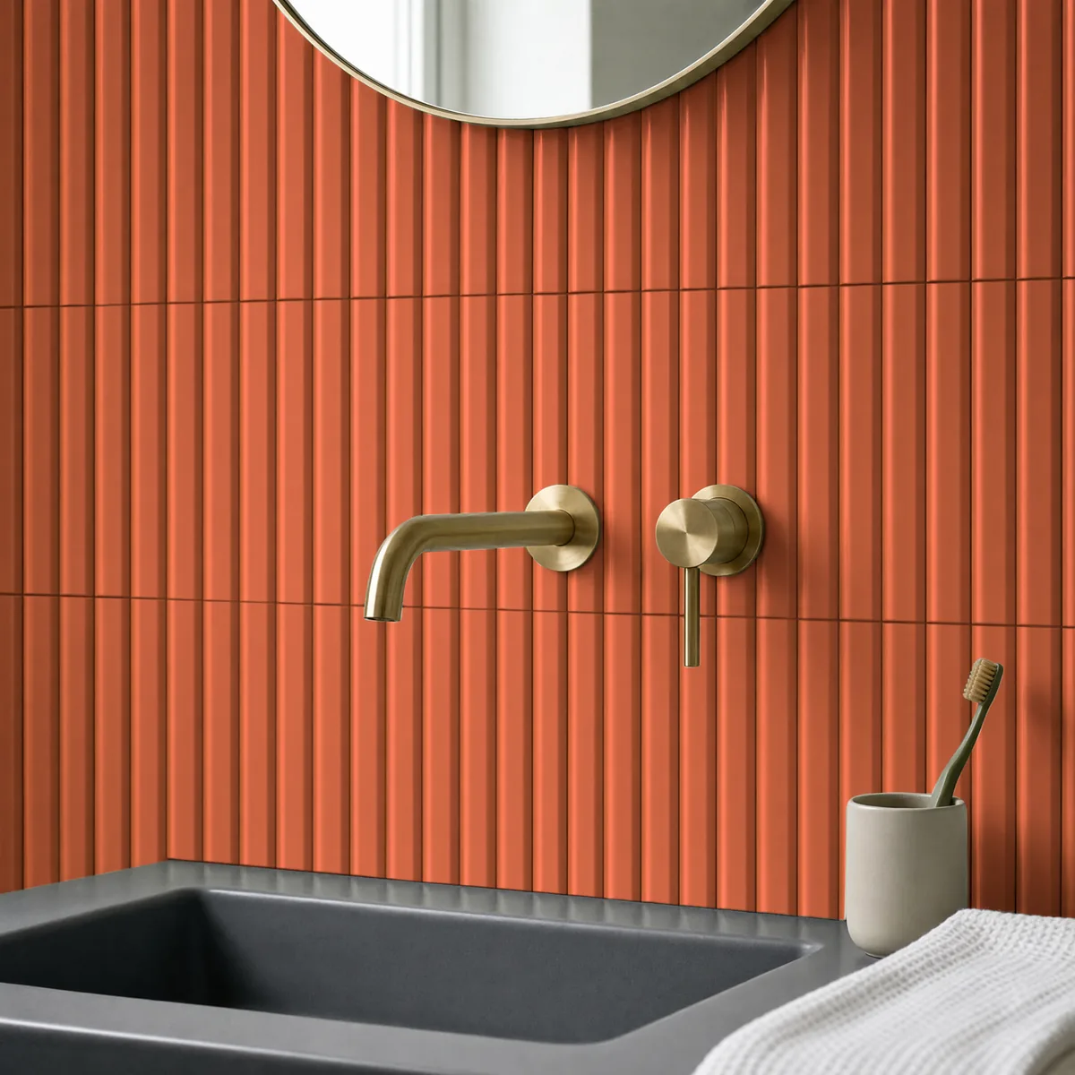 Ambiente alicatado con Azulejo 11x20 Ada Diamante Mate Color Naranja Coral