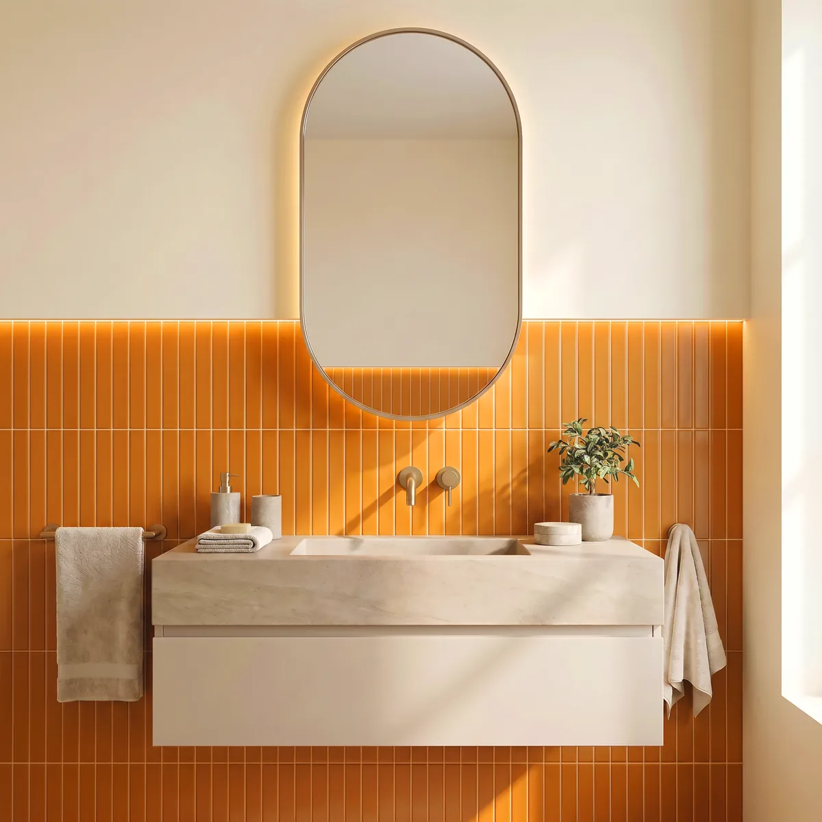 Ambiente alicatado con Azulejo 11x20 Ada Plana Brillo Color Naranja
