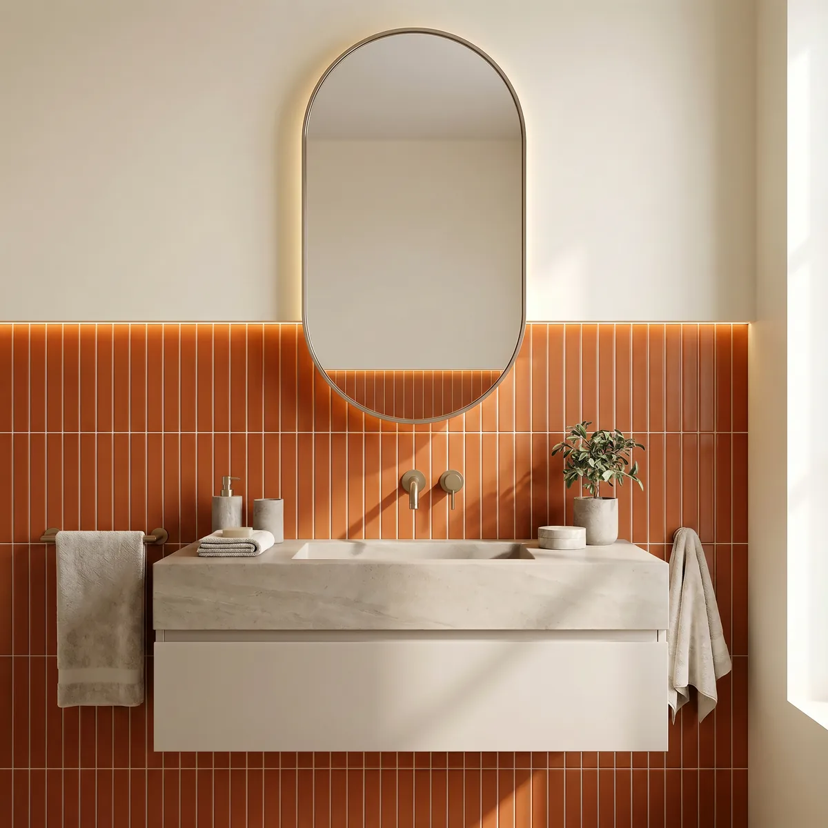 Ambiente alicatado con Azulejo 11x20 Ada Plana Brillo Color Naranja Oscuro