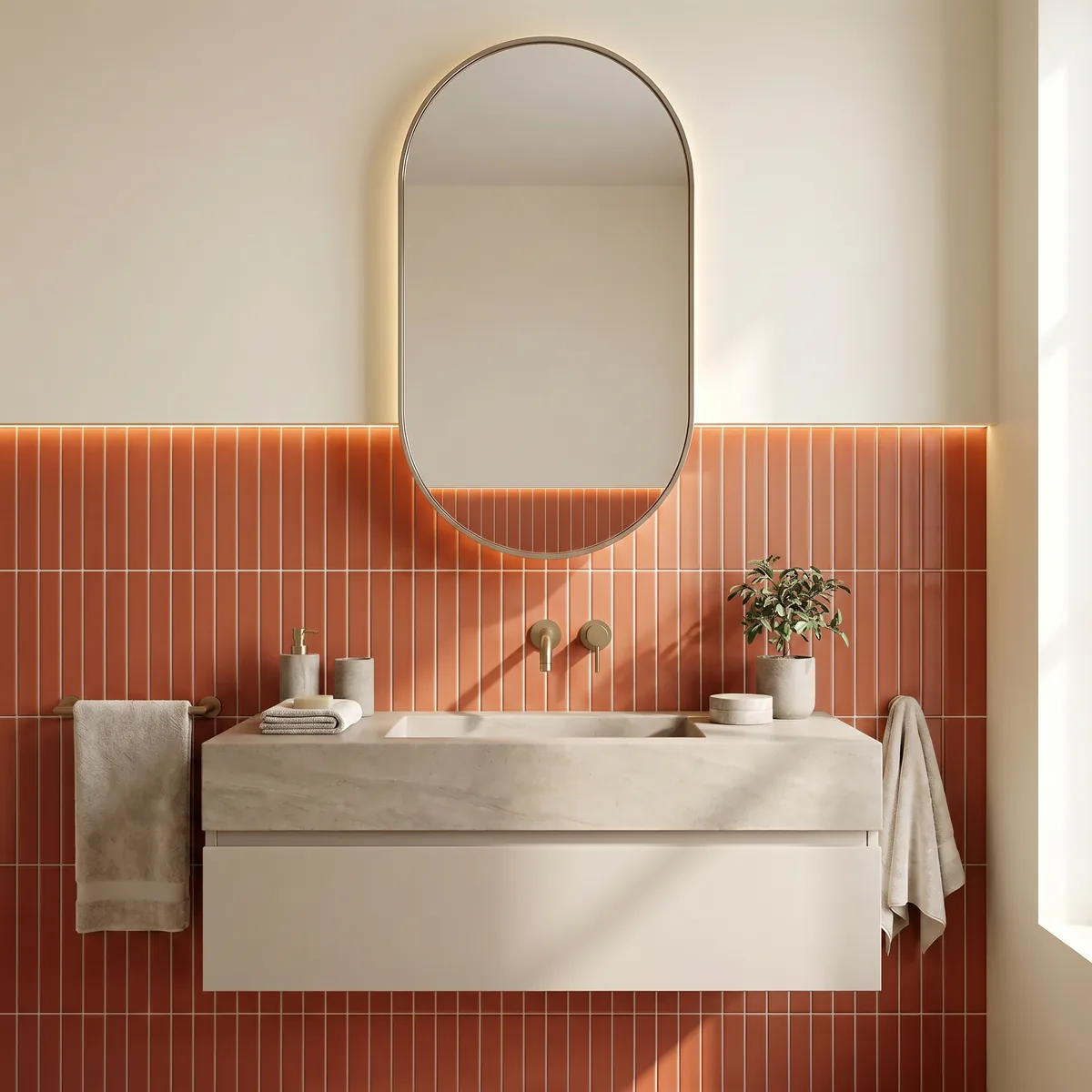 Ambiente alicatado con Azulejo 11x20 Ada Plana Mate Color Naranja Coral