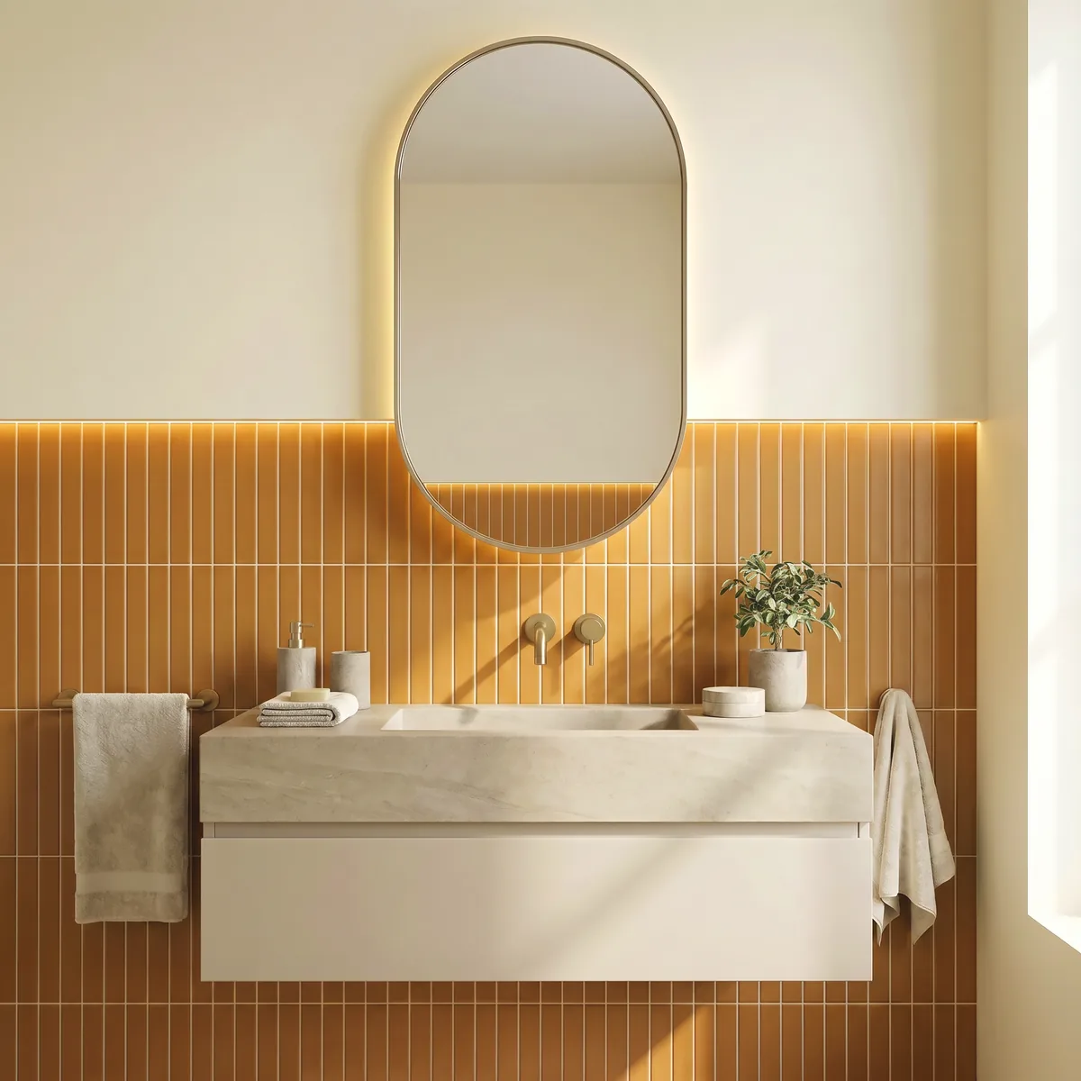 Ambiente alicatado con Azulejo 11x20 Ada Plana Mate Color Naranja Mango