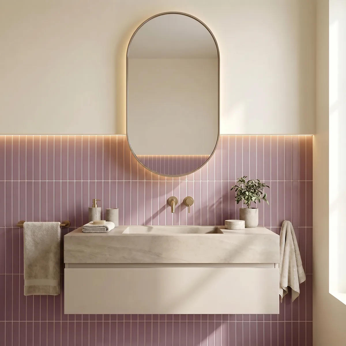 Ambiente alicatado con Azulejo 11x20 Ada Plana Mate Color Rosa Malva