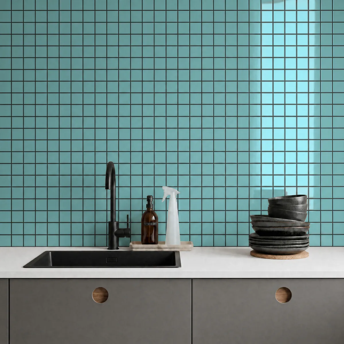 Ambiente alicatado con Azulejo 30x30 Mosaico Brillo Color Azul Océano