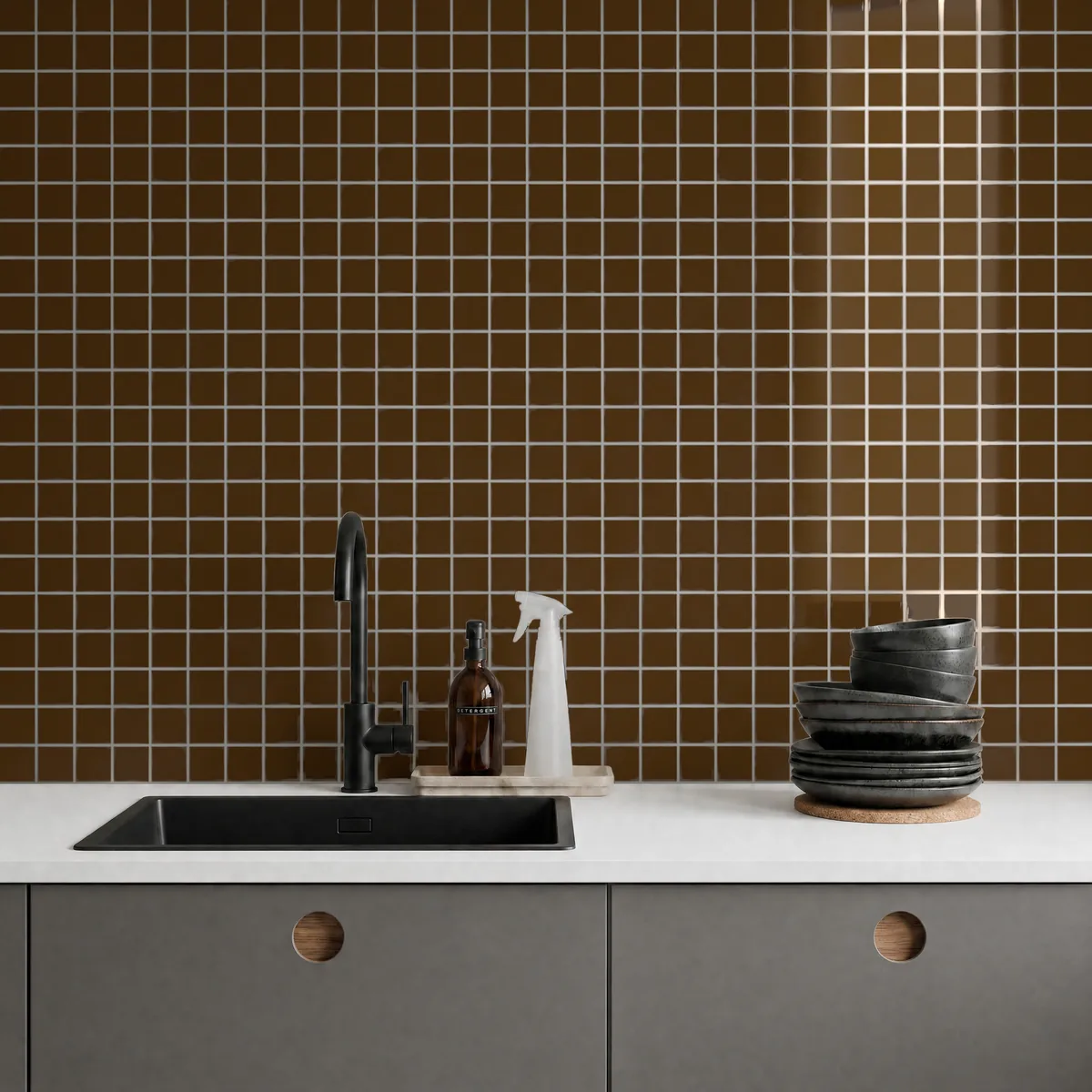 Ambiente alicatado con Azulejo 30x30 Mosaico Brillo Color Marrón Mocca