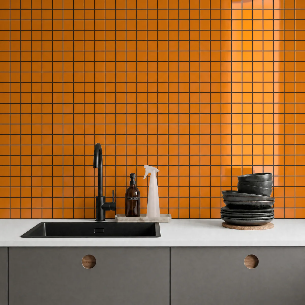 Ambiente alicatado con Azulejo 30x30 Mosaico Brillo Color Naranja