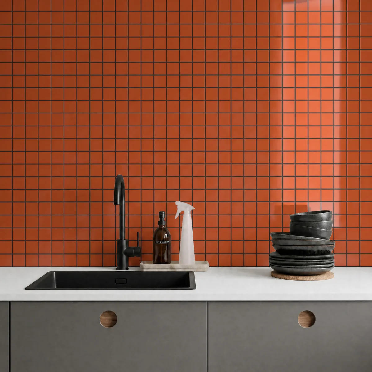 Ambiente alicatado con Azulejo 30x30 Mosaico Brillo Color Naranja Oscuro