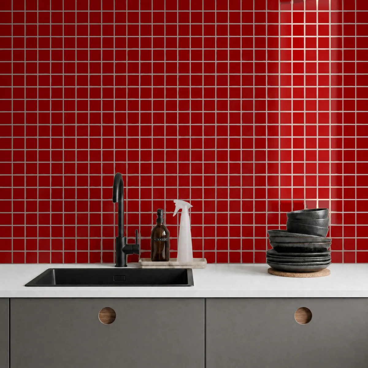 Ambiente alicatado con Azulejo 30x30 Mosaico Brillo Color Rojo