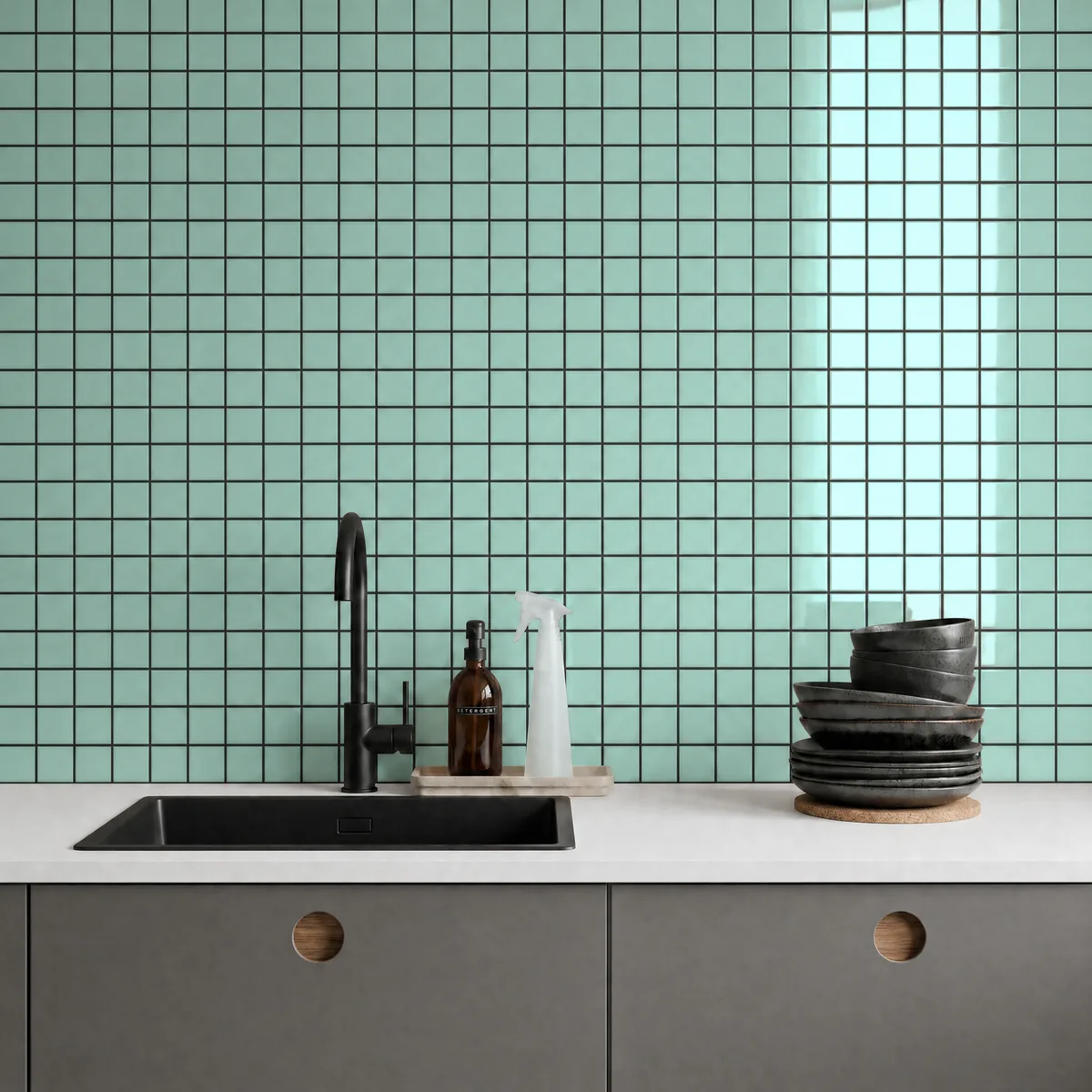 Ambiente alicatado con Azulejo 30x30 Mosaico Brillo Color Verde Agua