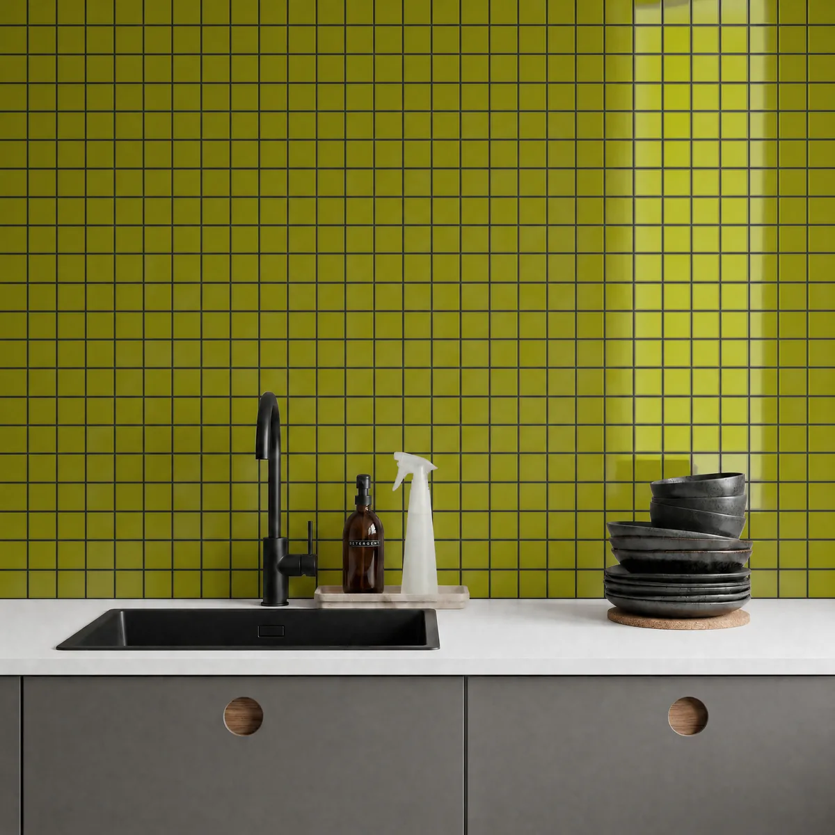 Ambiente alicatado con Azulejo 30x30 Mosaico Brillo Color Verde Aguacate