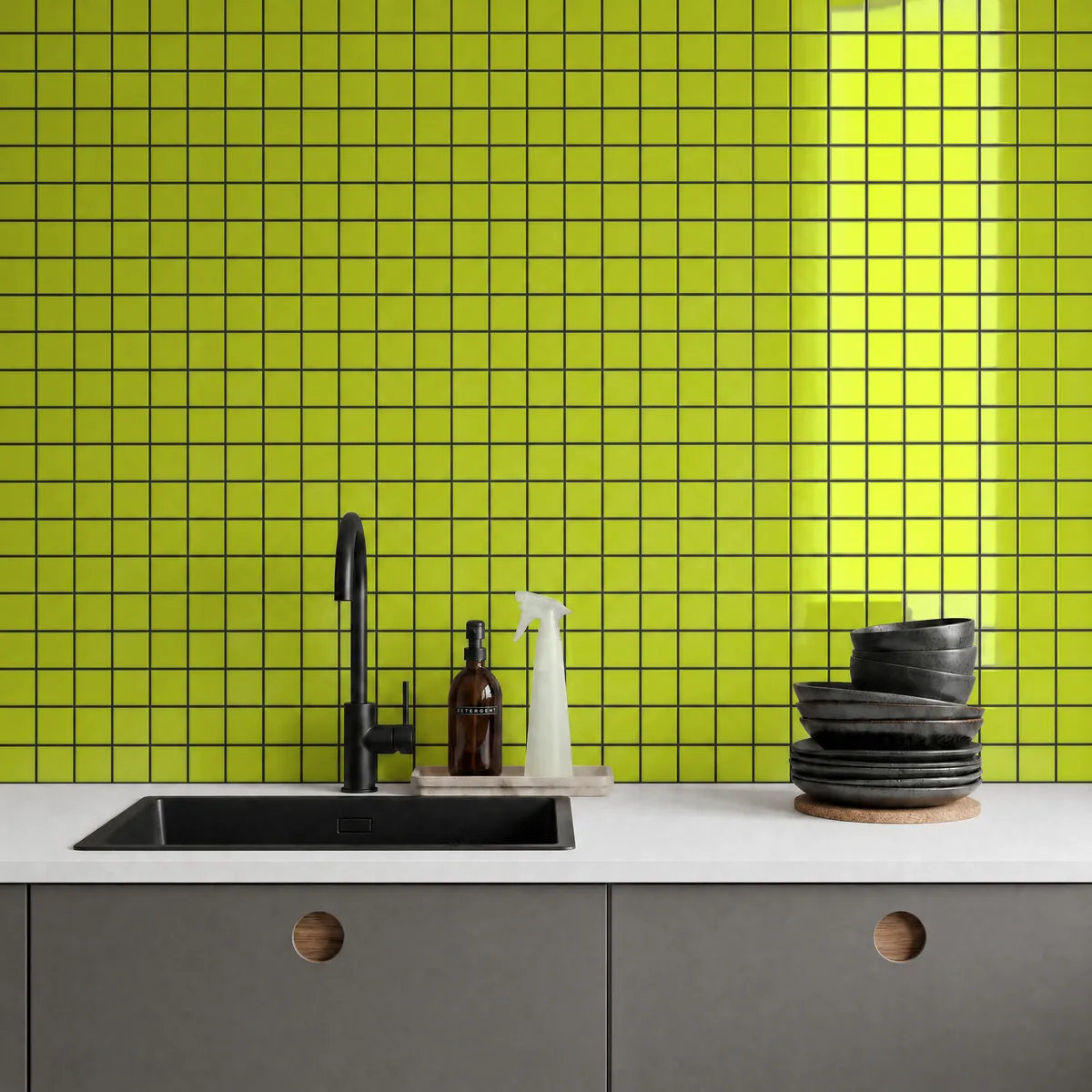Ambiente alicatado con Azulejo 30x30 Mosaico Brillo Color Verde Musgo