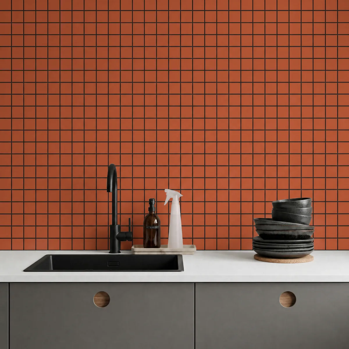 Ambiente alicatado con Azulejo 30x30 Mosaico Mate Color Naranja Coral