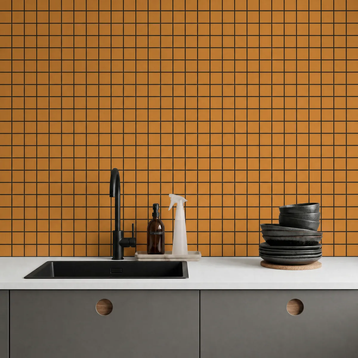 Ambiente alicatado con Azulejo 30x30 Mosaico Mate Color Naranja Mango