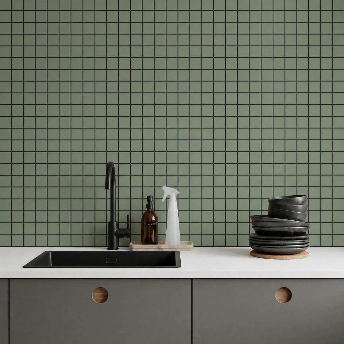 Ambiente alicatado con Azulejo 30x30 Mosaico Mate Color Verde Caqui