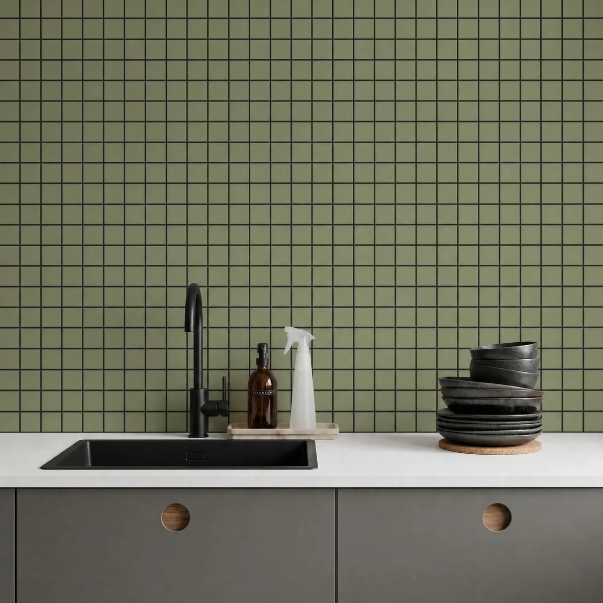 Ambiente alicatado con Azulejo 30x30 Mosaico Mate Color Verde Oliva