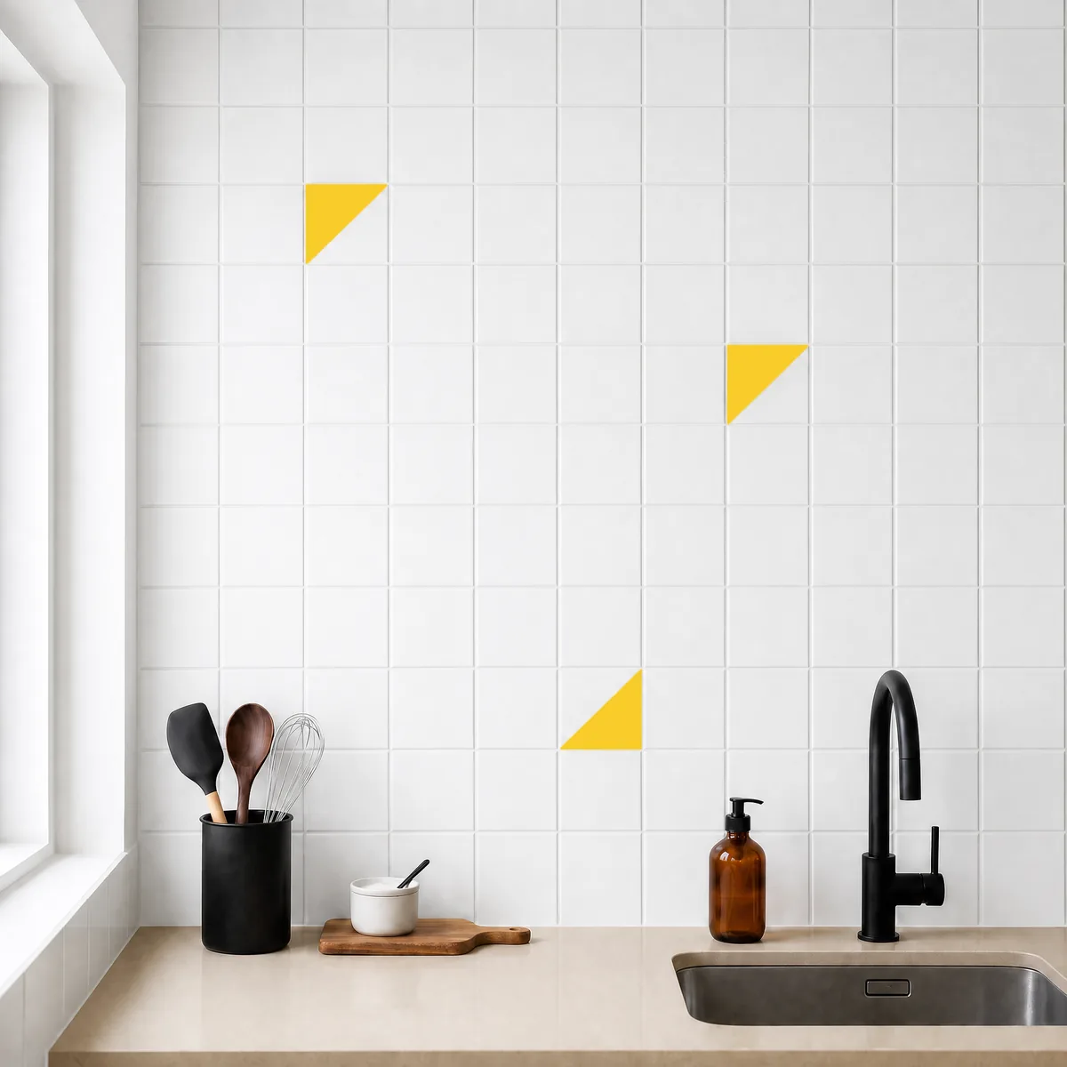 Azulejo Trigone Blanco 10x10 Amarillo Brillo salpicado sobre un alicatado liso en una cocina