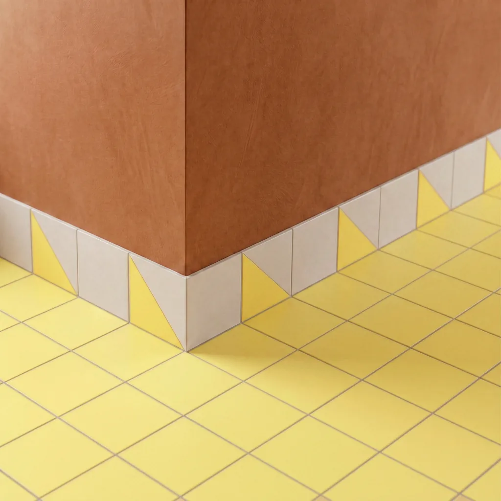 Azulejo Trigone Blanco 10x10 Amarillo Claro Brillo colocado como cenefa en un suelo
