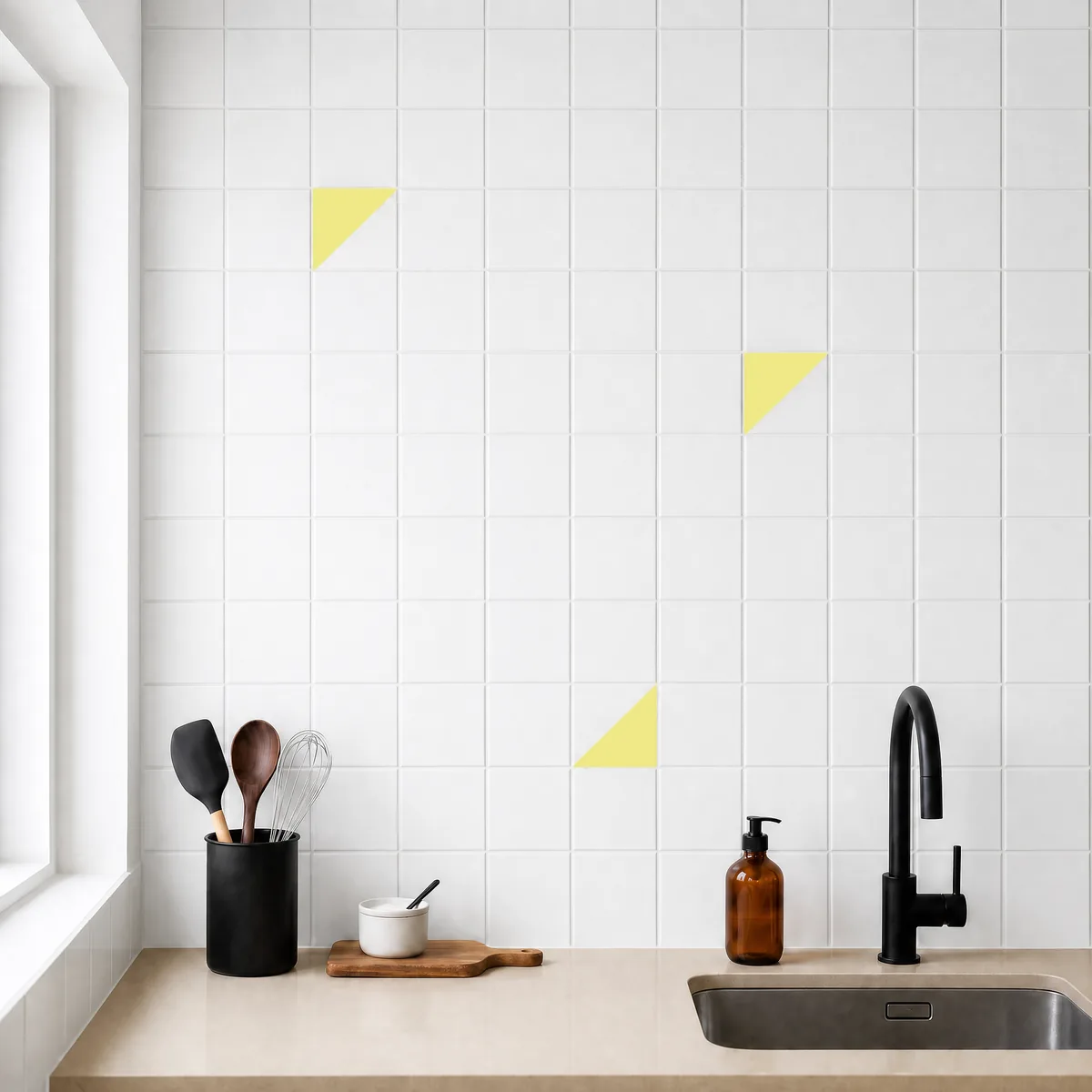 Azulejo Trigone Blanco 10x10 Amarillo Limón Mate salpicado sobre un alicatado liso en una cocina