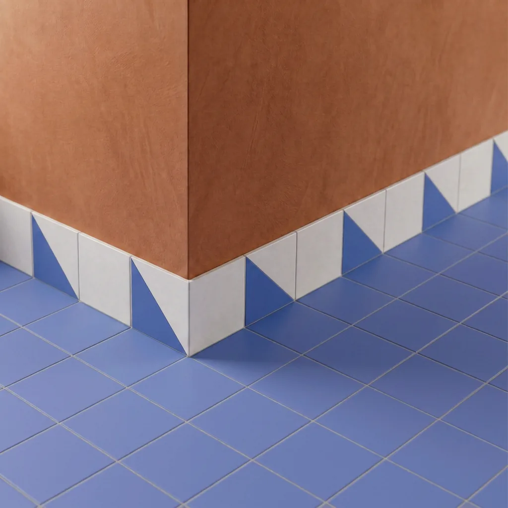 Azulejo Trigone Blanco 10x10 Azul Claro Brillo colocado como cenefa en un suelo