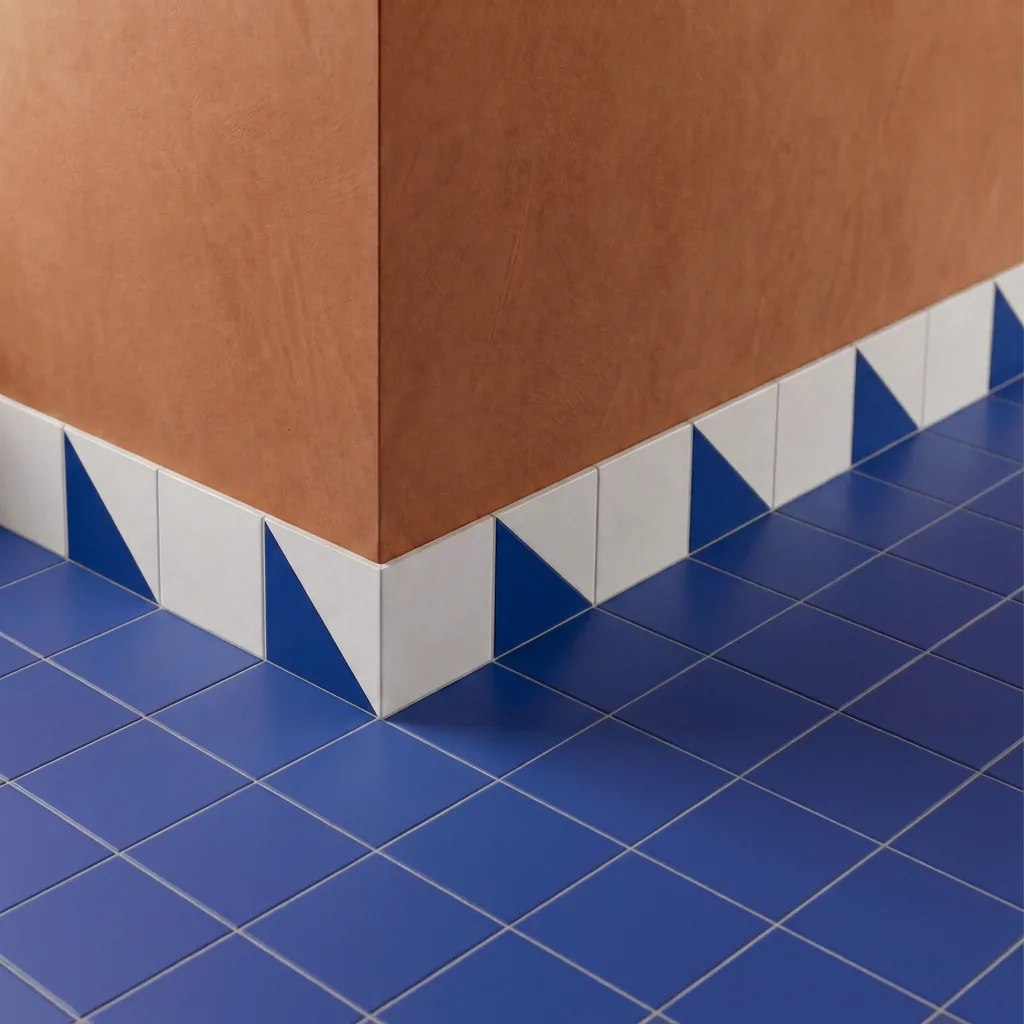 Azulejo Trigone Blanco 10x10 Azul Oscuro Brillo colocado como cenefa en un suelo