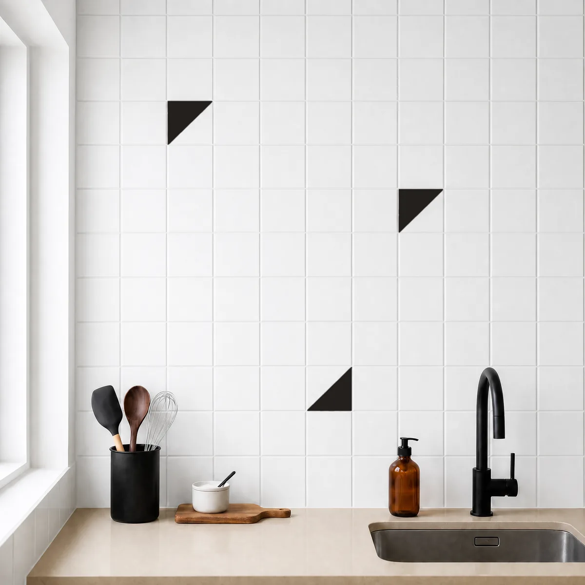 Azulejo Trigone Blanco 10x10 Gris Oscuro Brillo salpicado sobre un alicatado liso en una cocina