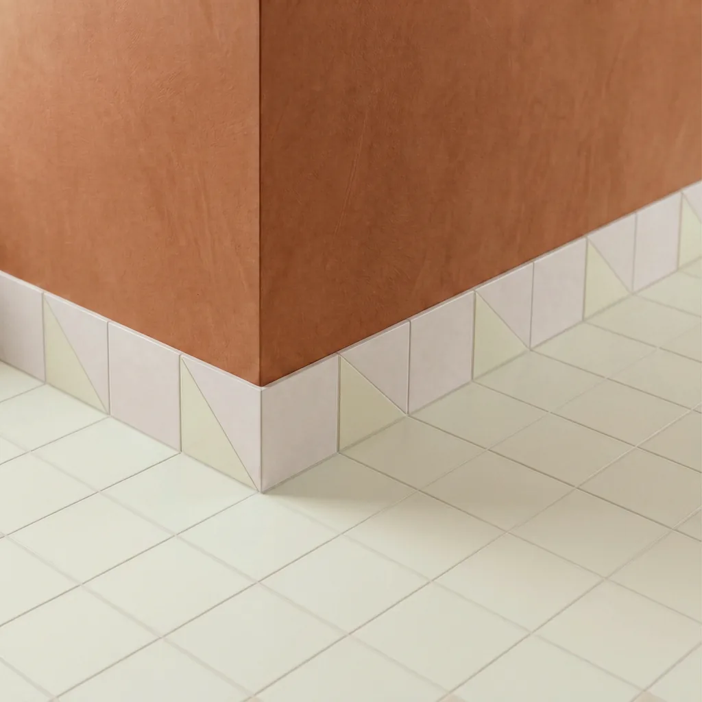 Azulejo Trigone Blanco 10x10 Mantequilla Mate colocado como cenefa en un suelo