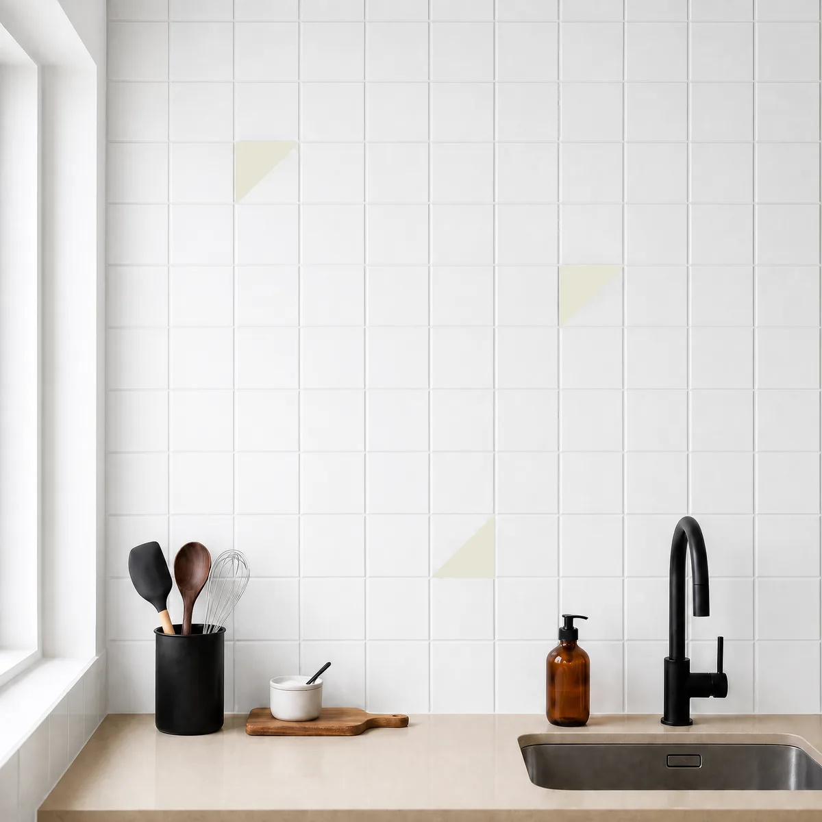 Azulejo Trigone Blanco 10x10 Mantequilla Mate salpicado sobre un alicatado liso en una cocina