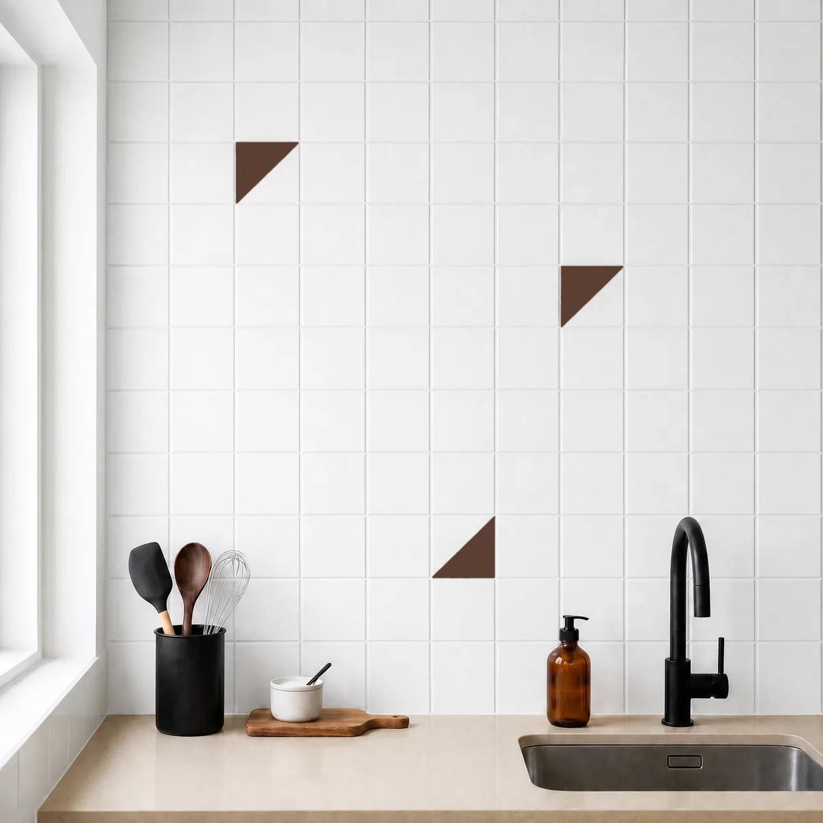 Azulejo Trigone Blanco 10x10 Marrón Brillo salpicado sobre un alicatado liso en una cocina