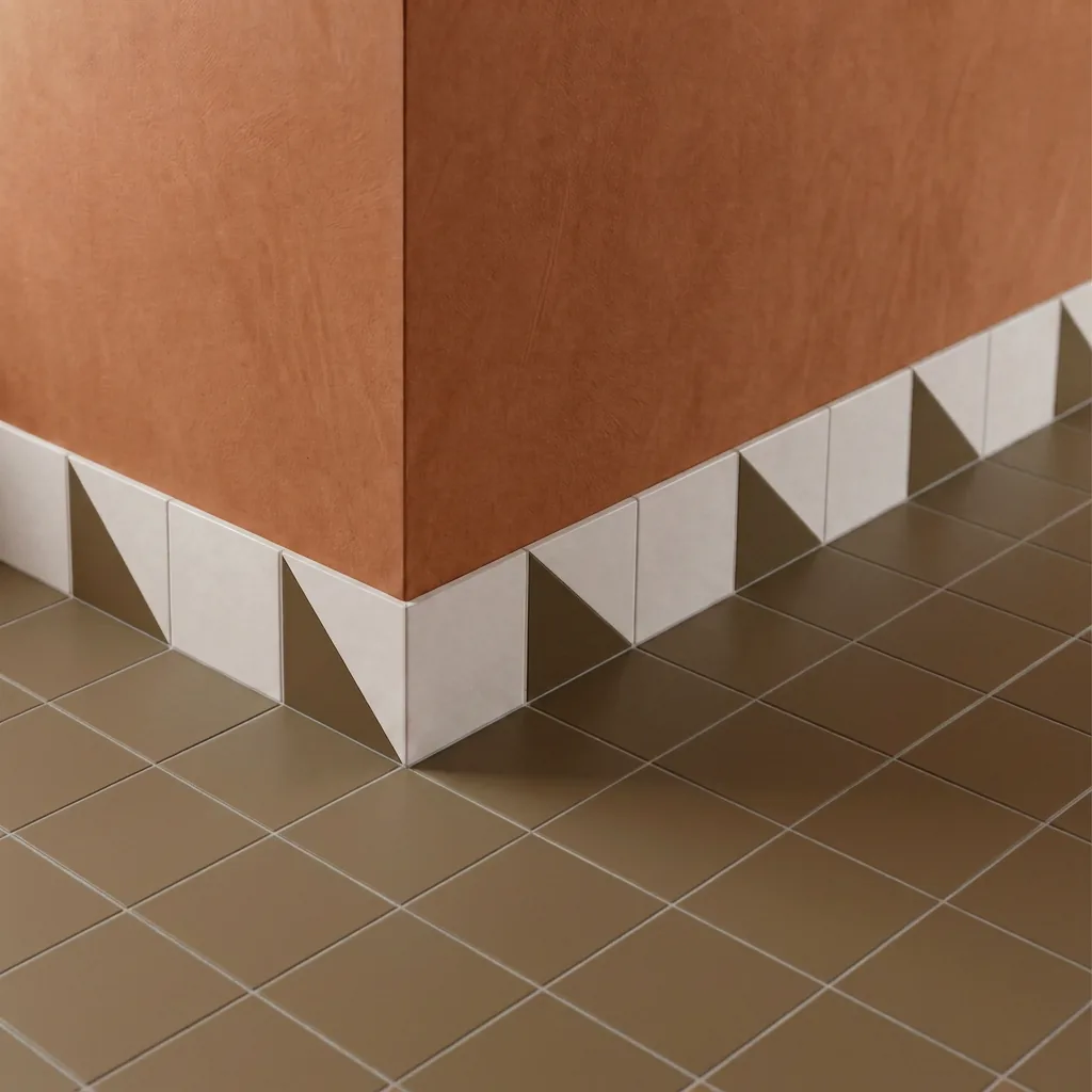 Azulejo Trigone Blanco 10x10 Marrón Caramelo Mate colocado como cenefa en un suelo