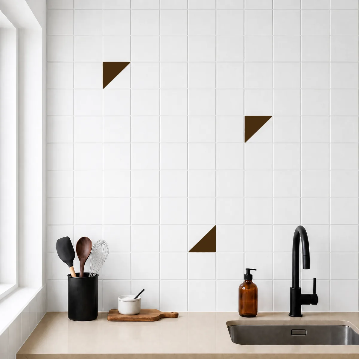 Azulejo Trigone Blanco 10x10 Marrón Mocca Brillo salpicado sobre un alicatado liso en una cocina