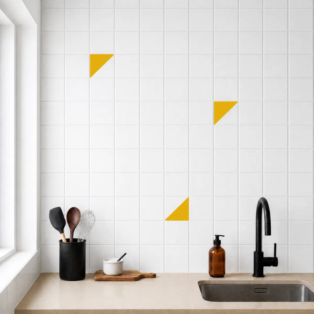 Azulejo Trigone Blanco 10x10 Mostaza Brillo salpicado sobre un alicatado liso en una cocina