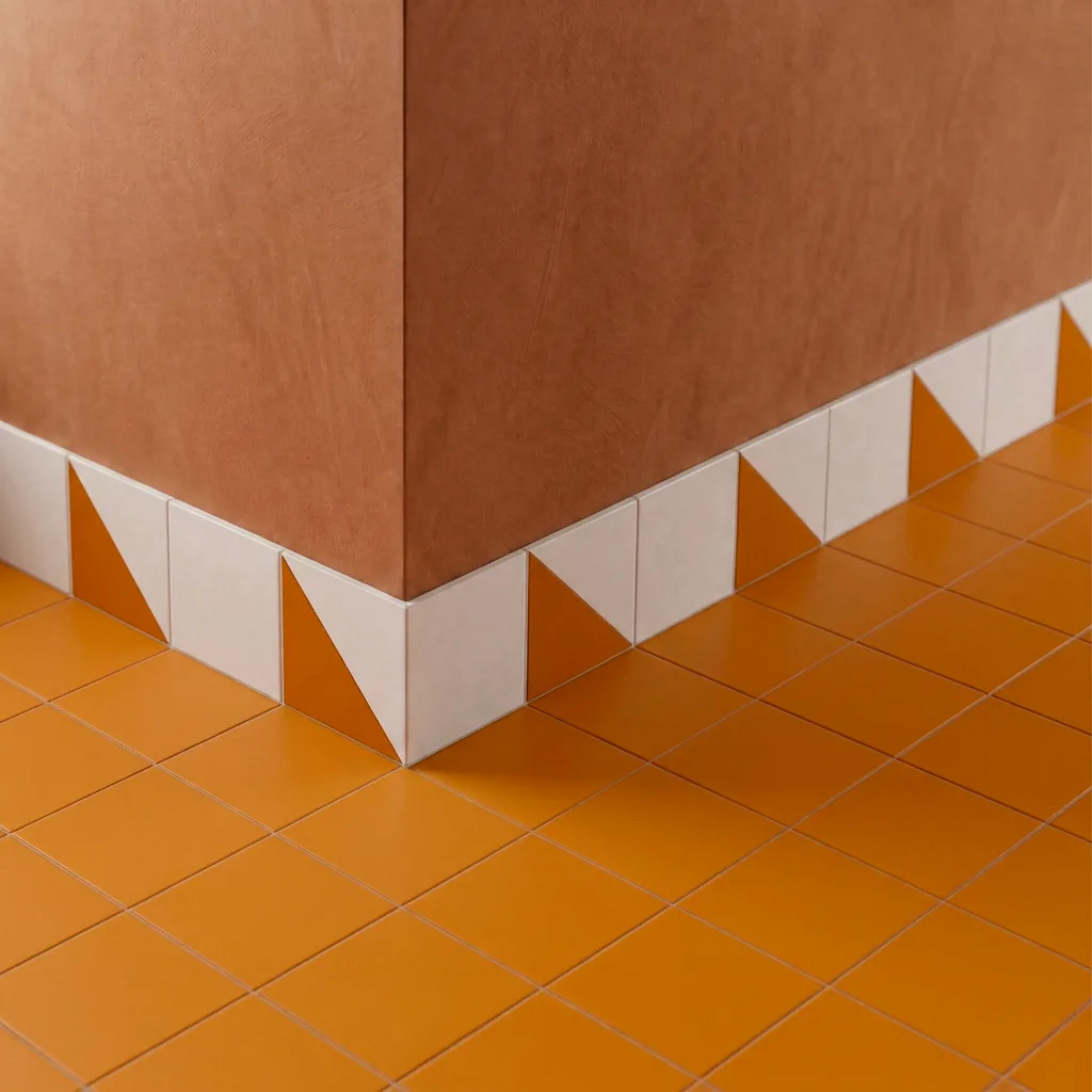 Azulejo Trigone Blanco 10x10 Naranja Brillo colocado como cenefa en un suelo