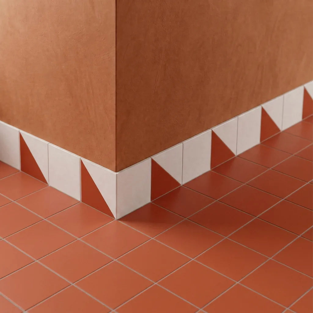 Azulejo Trigone Blanco 10x10 Naranja Coral Mate colocado como cenefa en un suelo