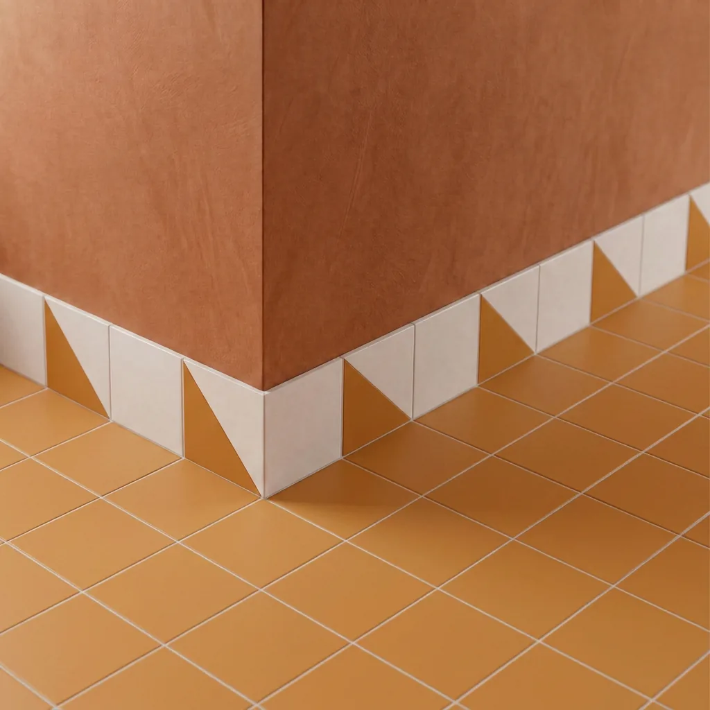 Azulejo Trigone Blanco 10x10 Naranja Mango Mate colocado como cenefa en un suelo