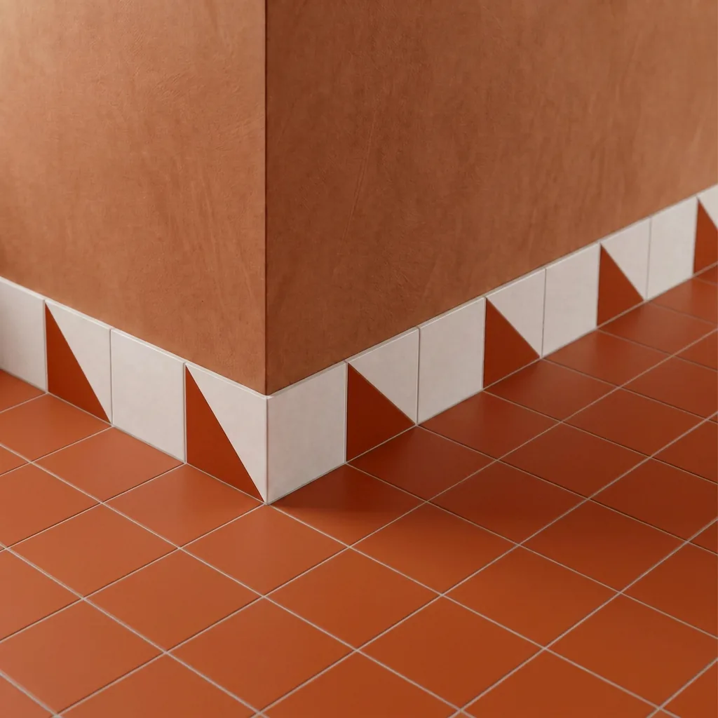 Azulejo Trigone Blanco 10x10 Naranja Oscuro Brillo colocado como cenefa en un suelo