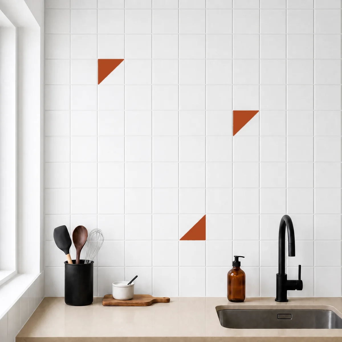 Azulejo Trigone Blanco 10x10 Naranja Oscuro Brillo salpicado sobre un alicatado liso en una cocina
