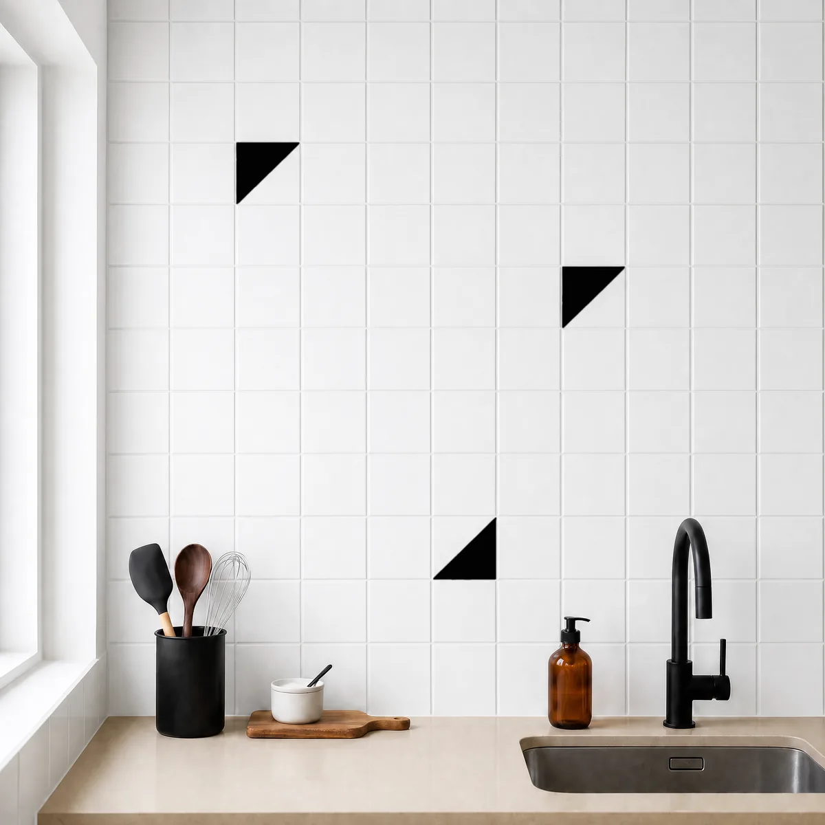 Azulejo Trigone Blanco 10x10 Negro Brillo salpicado sobre un alicatado liso en una cocina