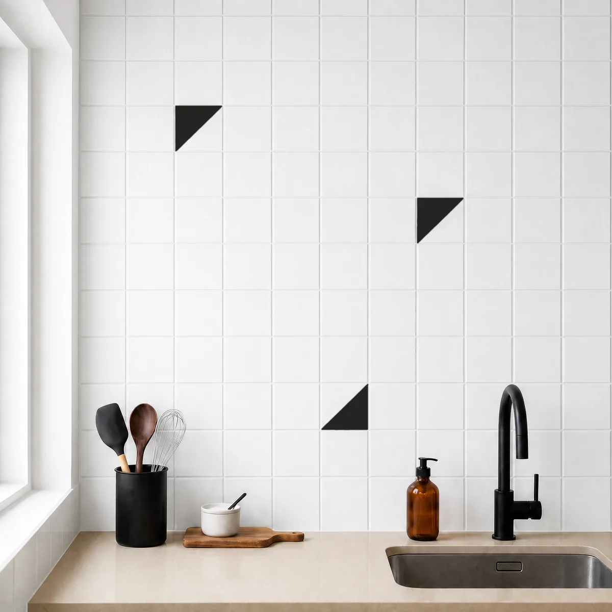 Azulejo Trigone Blanco 10x10 Negro Mate salpicado sobre un alicatado liso en una cocina
