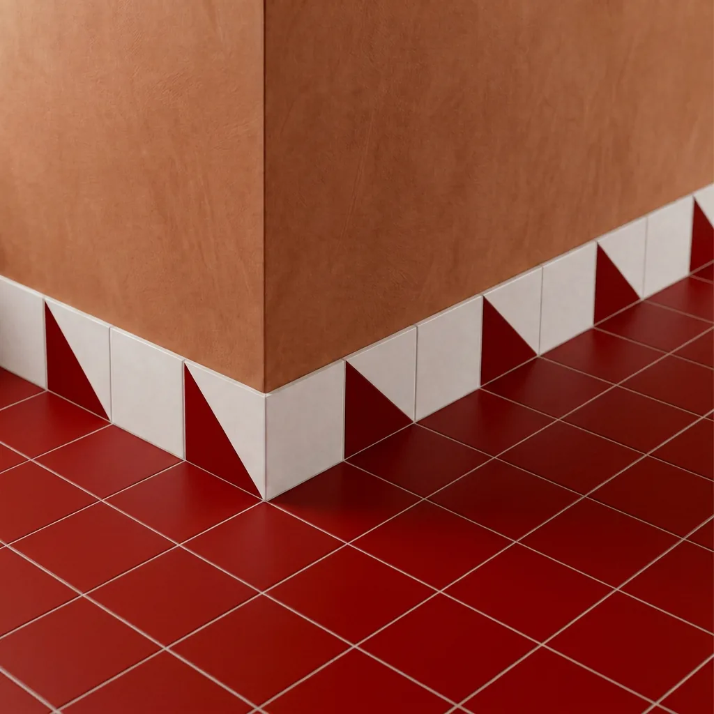 Azulejo Trigone Blanco 10x10 Rojo Brillo colocado como cenefa en un suelo